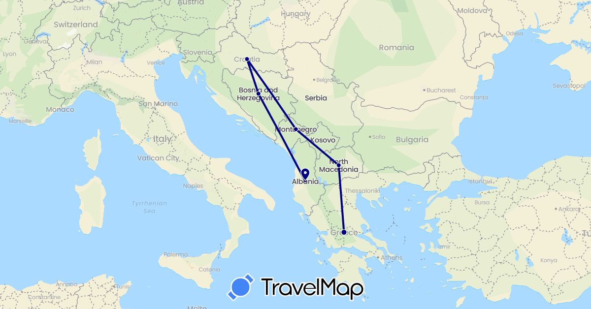 TravelMap itinerary: driving in Albania, Bosnia and Herzegovina, Greece, Croatia, Montenegro, Macedonia (Europe)